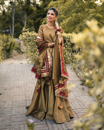 Sheesham – 3 Piece Formal Brown Gharara Set For Women